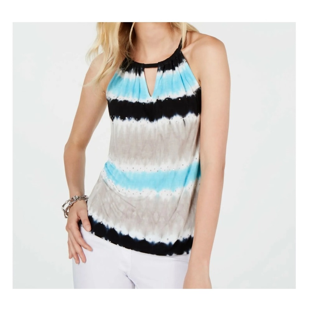 INC Bachelor Button Blue Tie Dye Keyhole Studded Halter Tank Top NWT